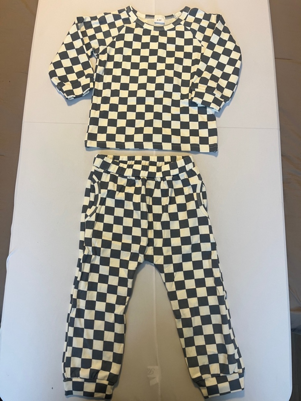 Kids Checkerboard Pajama Set - Cream and light blue